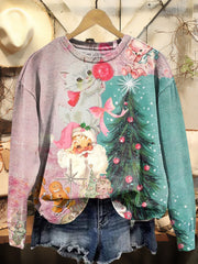 Santa Claus Cat Christmas Tree Art Print Casual Sweatshirt