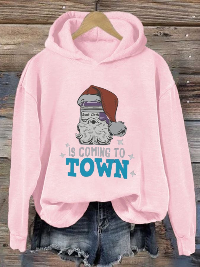 Santa's Coming to Town Print Casual Long Sleeve Hoodie