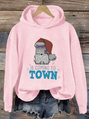 Santa's Coming to Town Print Casual Long Sleeve Hoodie
