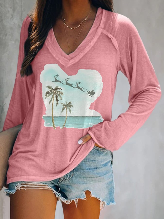 V-neck Retro Florida Merry Christmas Beach Palm Tree Print T-Shirt