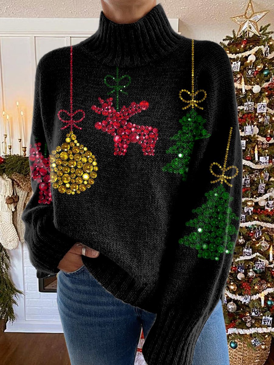 Glitter Christmas Print Knit Turtleneck Pullover Sweater