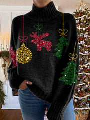 Glitter Christmas Print Knit Turtleneck Pullover Sweater
