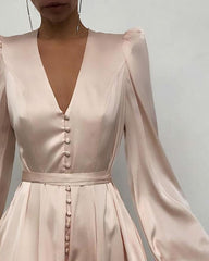 Plain Puff Sleeve Ruched Button Front Dress