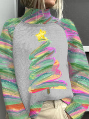 Watercolor Christmas Tree Knitted Turtleneck Sweater