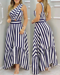 One Shoulder Striped Colorblock Casual Dress