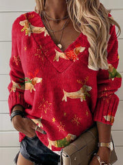 Christmas Dachshund Art Print Knit V-neck Pullover Sweater