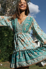 Flattering Bohemian Print Button Front V Neck Midi Dress
