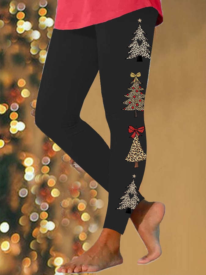 Leopard Christmas Tree Print Stretch Leggings