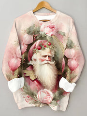 Retro Pink Santa Claus Loose Warm Crew Neck Sweatshirt