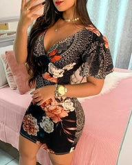 Floral Print Plunge Bodycon Dress