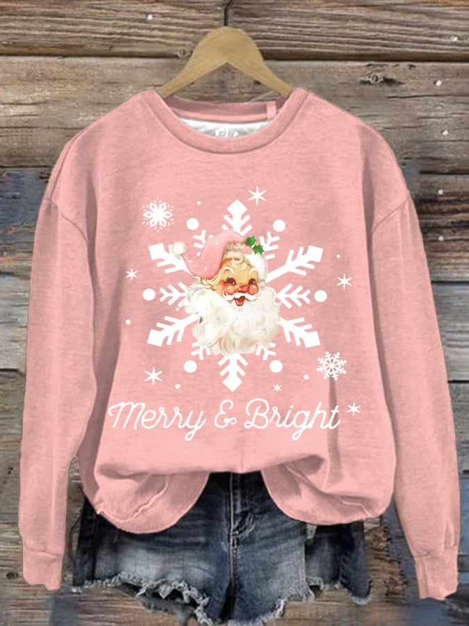 Merry And Bright Santa Claus Print Round Neck Sweatshirt