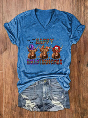 Happy Hallothanksmas Funny Cows Print V-Neck T-Shirt
