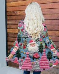 Pink Santa Print Loose Cardigan