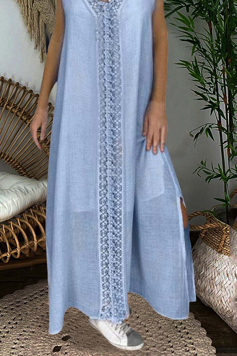 Guipure Lace Trim Split Hem Maxi Dress