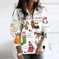 Vintage The Twelve Cats Of Christmas Print Knitted Warm Turtleneck Sweater