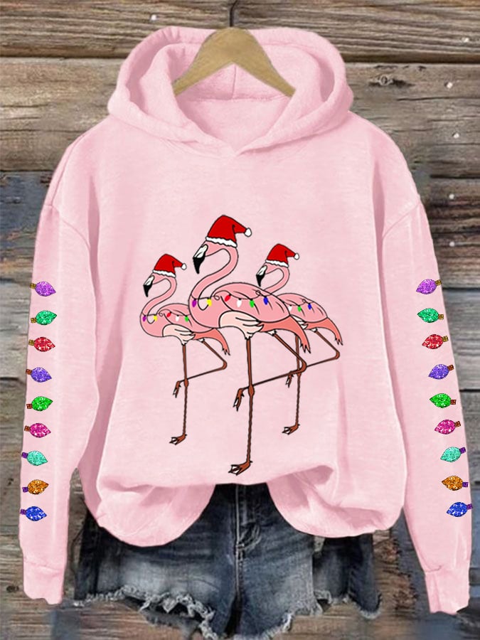 Christmas Colorful Lights Flamingo Happy Holidays Casual Hoodie