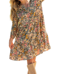 Floral 3/4 Puff Sleeve Dress