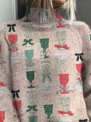 Christmas Cocktail Repeat Pattern Printed Knit Turtleneck Pullover Sweater