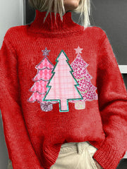 Christmas Tree Print Knitted Turtleneck Pullover