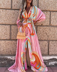 Graphic Print Tied Detail Batwing Sleeve Maxi Dress