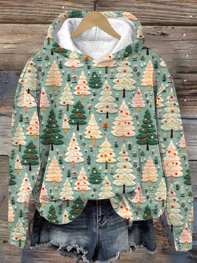 Pink Christmas Tree Print Hoodie