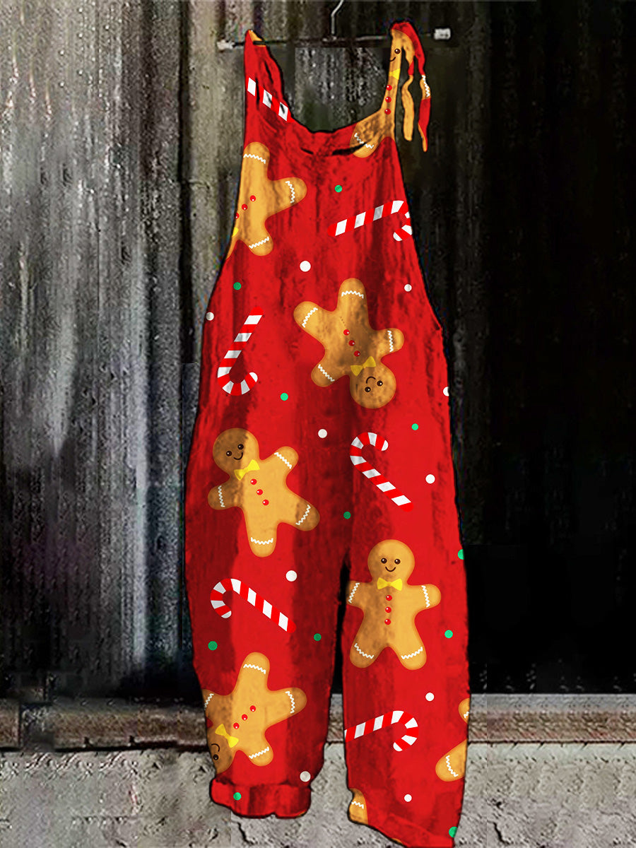 Christmas red biscuit graphic print retro casual jumpsuit