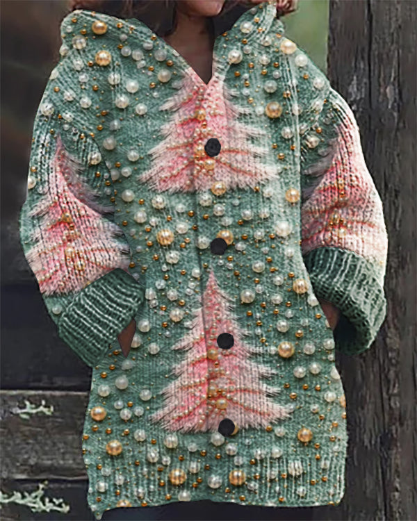 Christmas Tree Embroidery Print Casual Hooded Cardigan