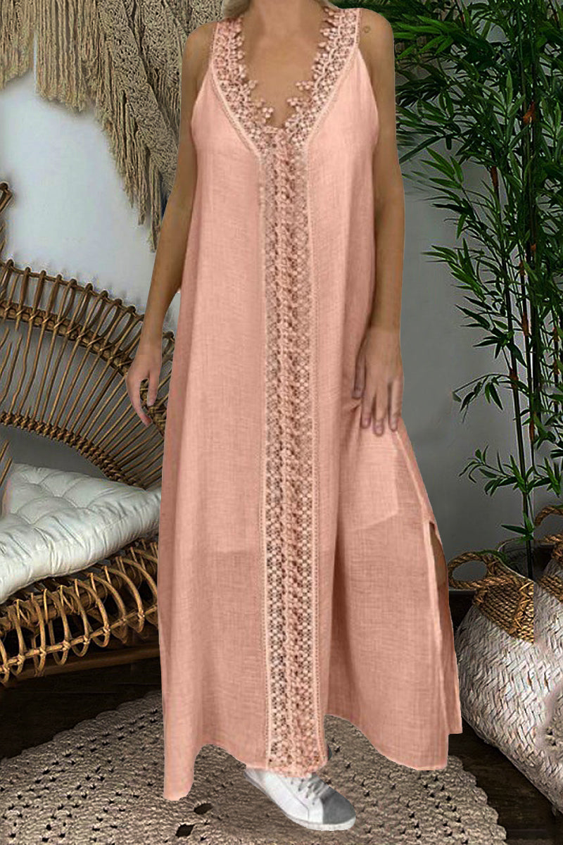 Guipure Lace Trim Split Hem Maxi Dress