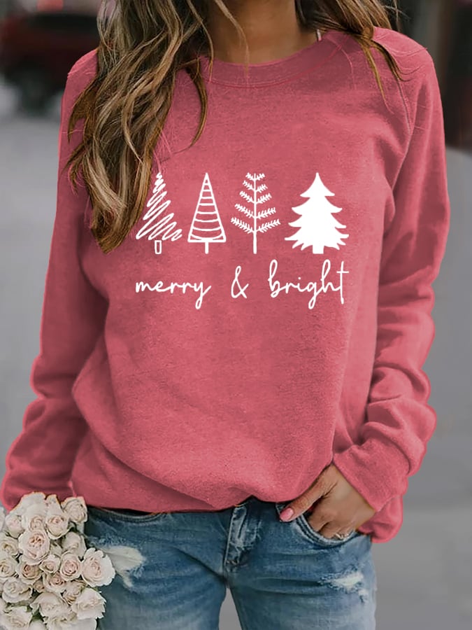 Merry And Bright Christmas Print Long Sleeve Sweatshirt