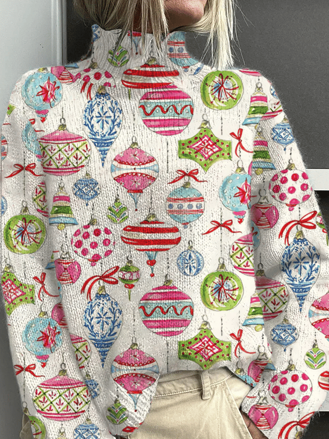 Retro Christmas Lights Print Casual Knitted Turtleneck Sweater