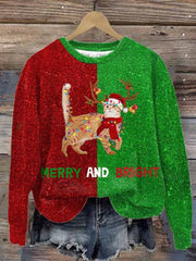 Merry And Bright Christmas Tree Print Long Sleeve Sweatshirt