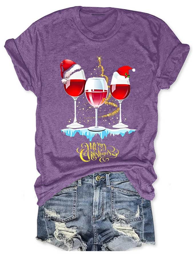 Wine Simple Christmas Print Casual T-Shirt