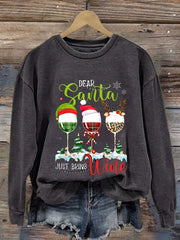 Dear Santa Just Bring Wine Print Casual Sweatshirt