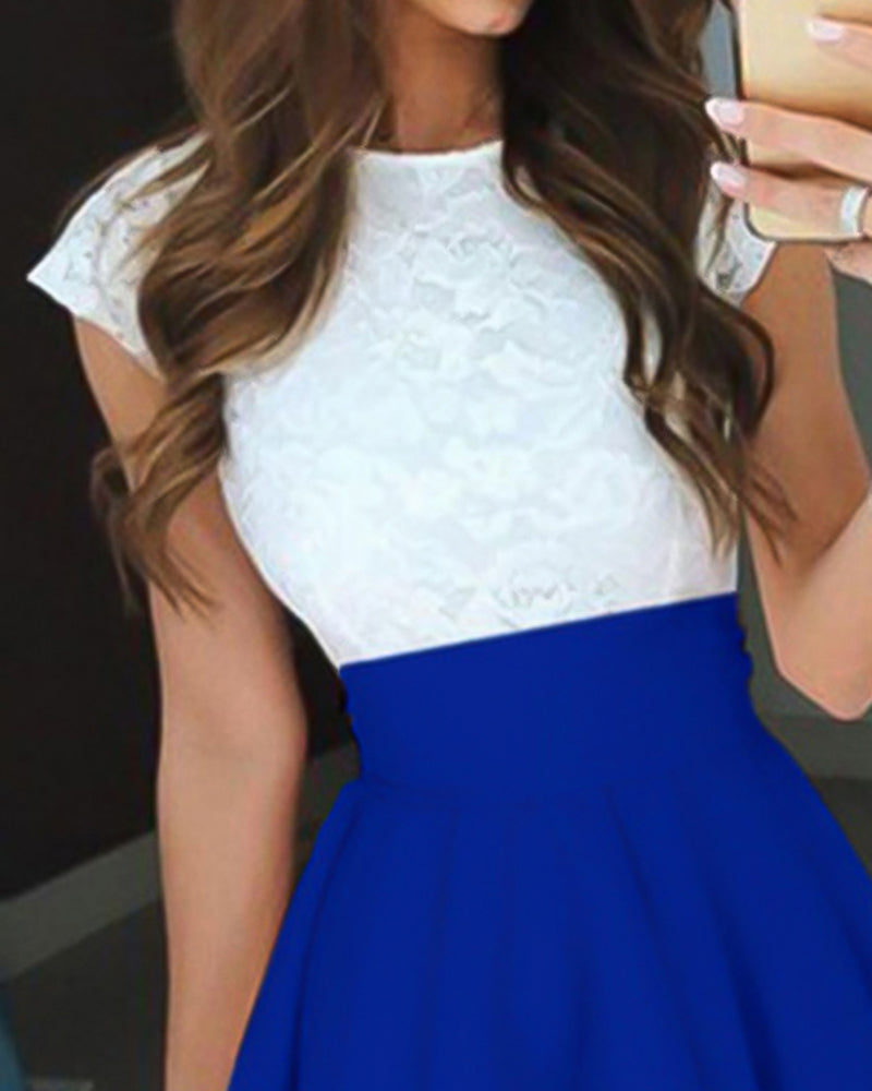 Colorblock Contrast Lace Ruffle Hem Mini Skater Dress
