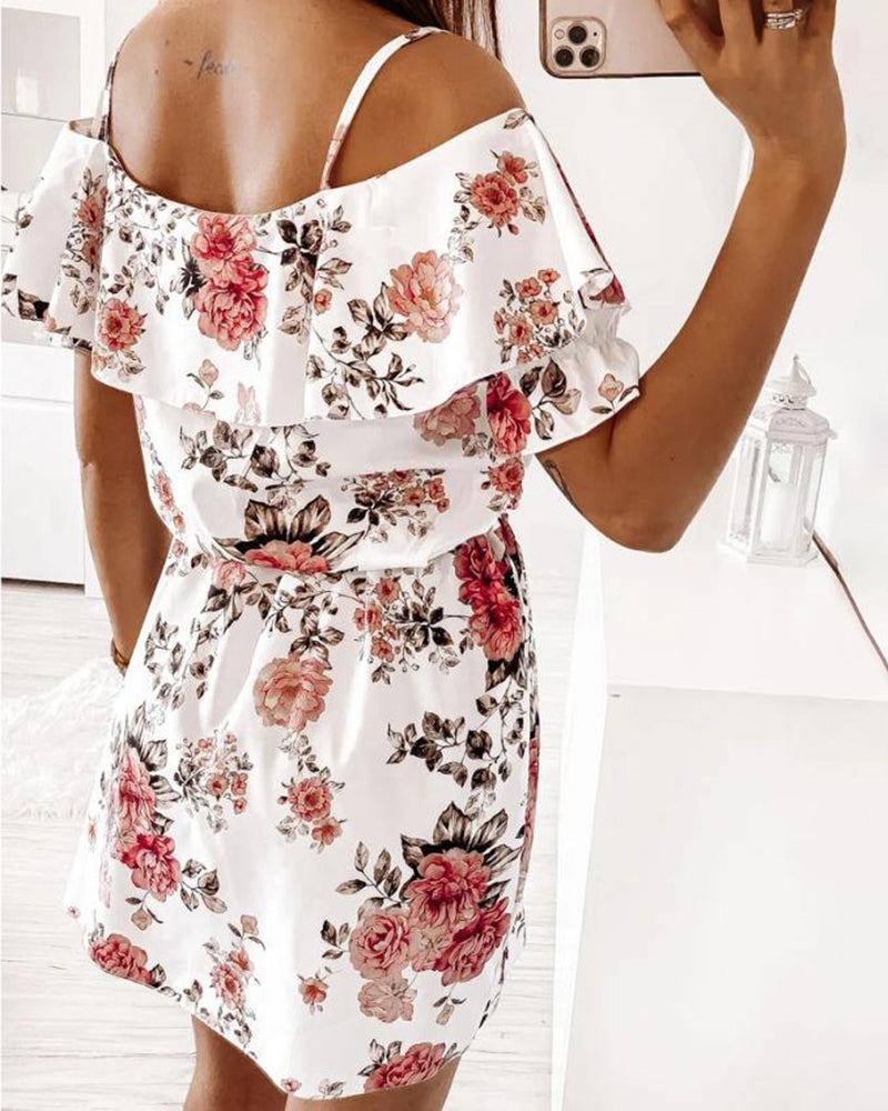 Floral Print Tie Front Ruffle Trim Belted Cold Shoulder Dress