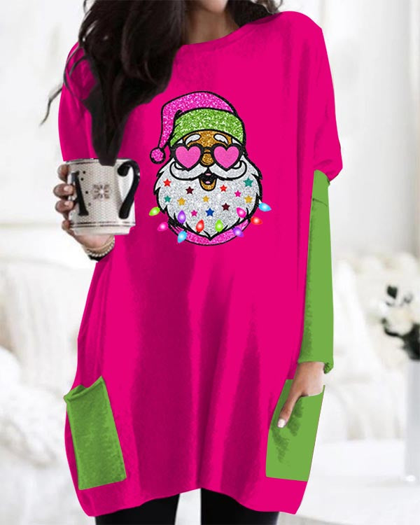 Pink Sparkly Santa Color Block Casual Midi Top