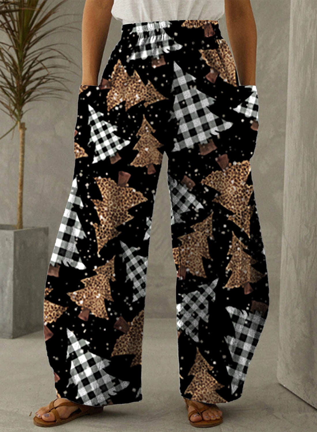 Christmas Tree Brown Print Vintage Casual Loose Pants