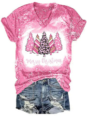 Pink Christmas Tree Print Casual T-Shirt