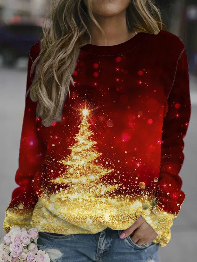 Christmas Tree Gradient Printed Round Neck Long Sleeve Sweatshirts