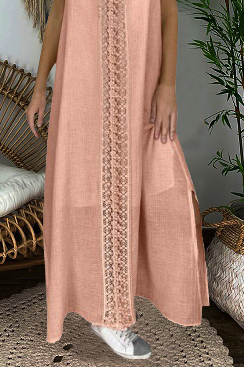 Guipure Lace Trim Split Hem Maxi Dress