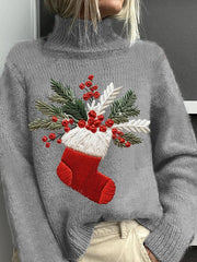 Christmas Printed Knitted Turtleneck Pullover