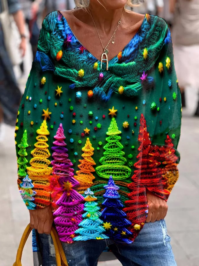 Women's Colorful Christmas Tree Printed Loose V-Neck Top