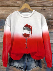 Christmas Hat Wine Glass Printed Sweatshirt