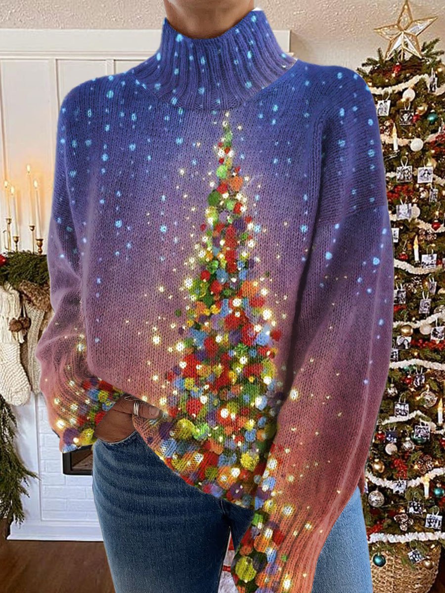 Glitter Christmas Tree Print Knit Turtleneck Pullover Sweater