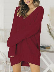 Loose V-neck Mid-length Sweater Dress