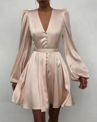 Plain Puff Sleeve Ruched Button Front Dress