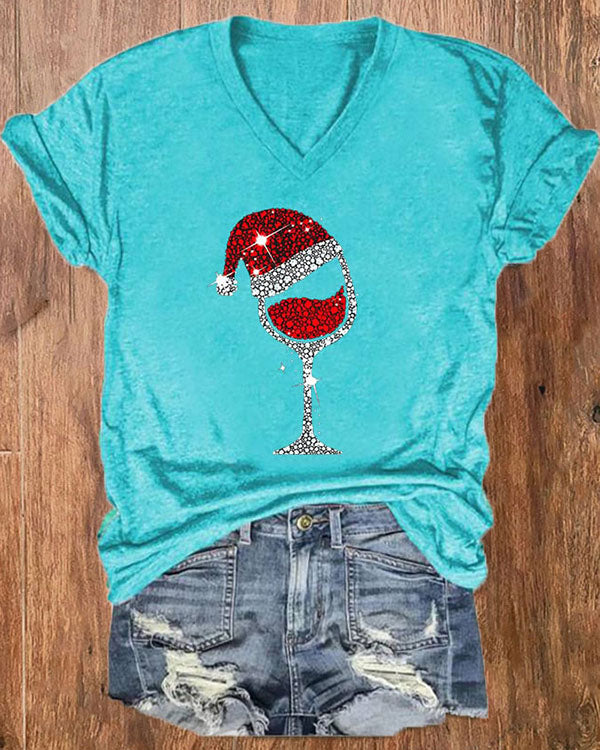 Merry Christmas Wine Glass V-Neck Top