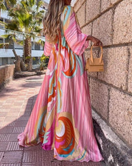 Graphic Print Tied Detail Batwing Sleeve Maxi Dress