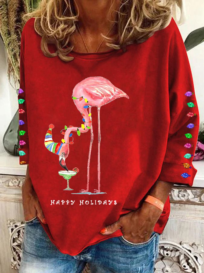 Christmas Colorful Lights Flamingo Holiday Long-Sleeve Top