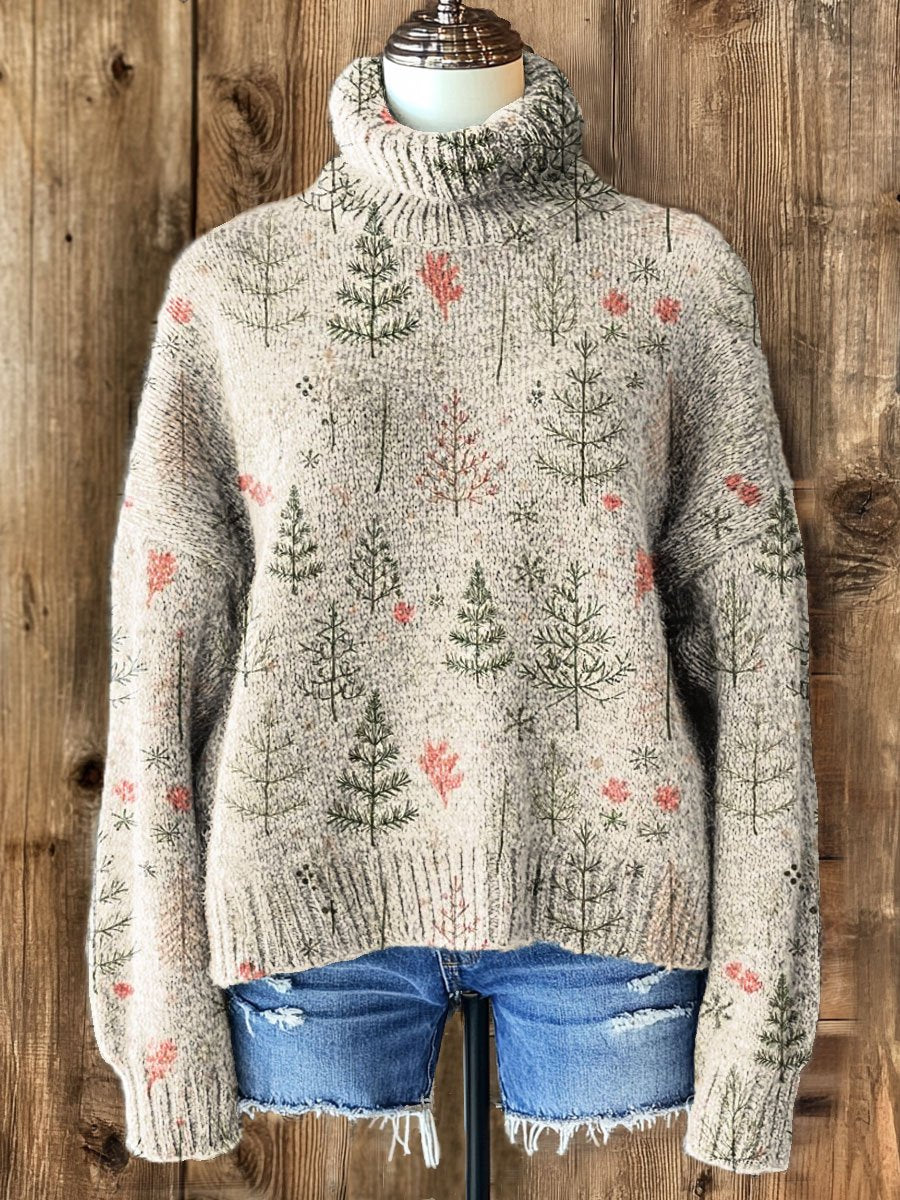 Christmas Tree Art Print Knit Turtleneck Pullover Sweater